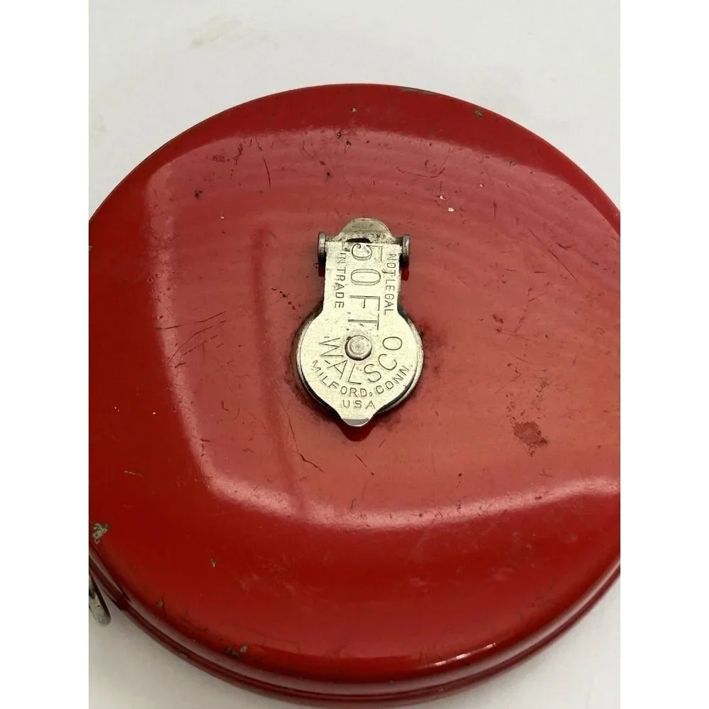 Vintage Red Walsco 50 Ft. Cloth Measuring Tape Milford CT USA Winding Mechanism - Picture 6 of 7